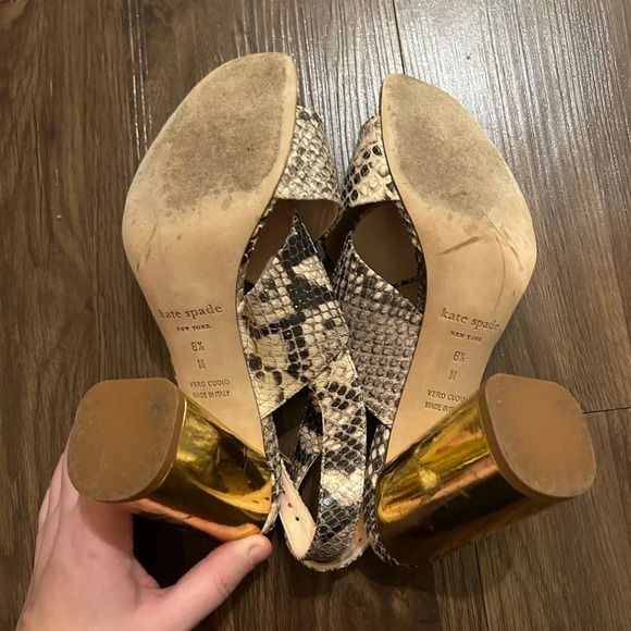 KATE SPADE Leather SnakeSkin Print Crisscross Straps High Gold block Heel buckle - Picture 8 of 9